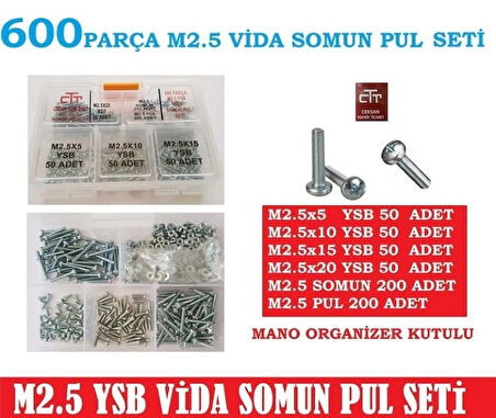 M2.5 Vida-Somun Seti Ysb 600 Parça M2.5 Vida Boylar 5-10-15-20 MM