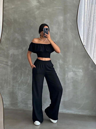 EFSANE ŞIKLIKTA MADONNA YAKA CROP VE PANTOLON TAKIM