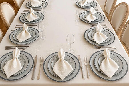 Eces Design Demet Ekru 12 Kişilik 26 Parça Fransız Dantelli Çeyizlik Yemek Masa Örtüsü Seti Runner Takımı