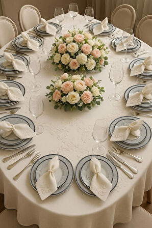 Eces Design Demet Ekru 12 Kişilik 26 Parça Fransız Dantelli Çeyizlik Yemek Masa Örtüsü Seti Runner Takımı