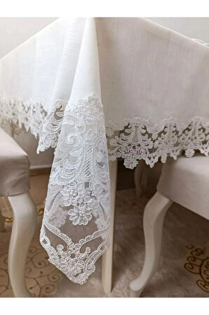 Eces Design Demet Ekru 12 Kişilik 26 Parça Fransız Dantelli Çeyizlik Yemek Masa Örtüsü Seti Runner Takımı