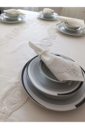 Eces Design Kelebek Ekru 12 Kişilik 26 Parça Fransız Dantelli Çeyizlik Yemek Masa Örtüsü Seti Runner Takımı