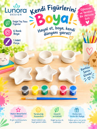 Taş Tozu Cezve ve Yıldız Seti – 6 Adet Figür + 6 Renk Boya + Fırça | Hobi & Aktivite Seti