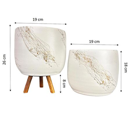 Ev Dekorasyon Aksesuar Beyaz Üzeri Gold Mermer Efektli Toprak Saksı Saksılık Salon Çiçeklik İkili Set Ayaksız - 3 Ayaklı 19 CM