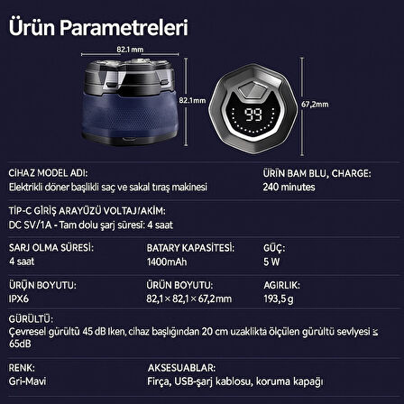 Elektrikli Döner Başlıklı Saç ve Sakal Tıraş Makinesi , IPX6 Su Geçirmez 240 Dakika Kullanım Elektrikli Döner Başlıklı Saç ve Sakal Tıraş Makinesi , IPX6 Su Geçirmez 240 Dakika Kullanım