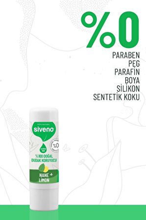 Siveno %100 Doğal Dudak Koruyucu Nane & Limon Bitkisel Lip Balm Krem Nemlendirici Parlatıcı Onarıcı 6 gr