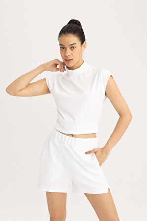 DeFactoFit Crop Dik Yaka Sporcu Kısa Kollu Ağır Kumaş Tişört B8966AX24SMWT80