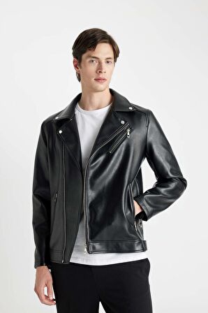 DeFacto Slim Fit Polo Yaka Astarlı Suni Deri Mont C5715AX24AUBK27