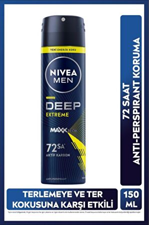 Nivea MEN Erkek Sprey Deodorant Deep Extreme 150ml, 72 Saat Anti-perspirant Ter Koruma, Yeni Enerjik Koku