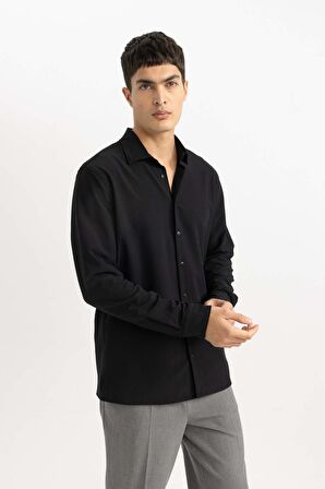 DeFacto Modern Fit Polo Yaka Basic Düz Krinkıl Uzun Kollu Siyah Gömlek B7384AX24SPBK27