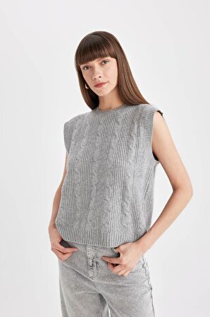 Regular Fit Bisiklet Yaka Basic Düz  Saç Örgü Desenli Triko Süveter