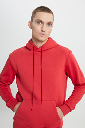 Erkek Kırmızı Standart Fit Normal Kesim Içi Polarlı 3 Iplik Kapüşonlu Pamuklu Sweatshirt