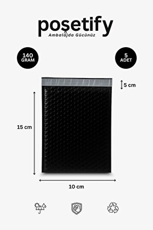 Balonlu Siyah Kargo Poşeti 10x15+5 cm | 140 gr Bantlı Patpatlı Kargo Poşeti | 5’li E-Ticaret Poşeti
