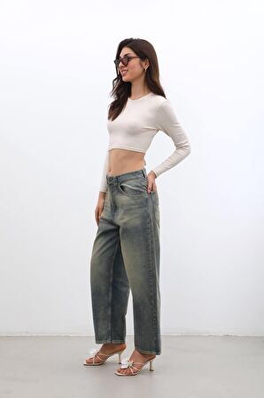 Kadın Yüksek Bel Skater Fit Jean Pantolon Tint Yeşil