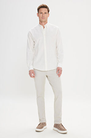 Comfort Fit Rahat Kesim Gizli Düğme Yaka %100 Pamuk Flamlı Gömlek