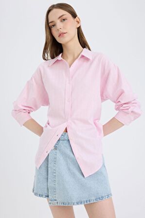 Oversize Geniş Kalıp Gömlek Yaka Çizgili Oxford Uzun Kollu Gömlek