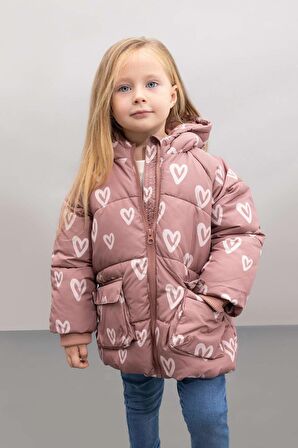 DeFacto Kız Bebek Kapüşonlu Kalp Desenli Su İtici Cep İçi Polarlı Şişme Mont C5313A524AUBN564