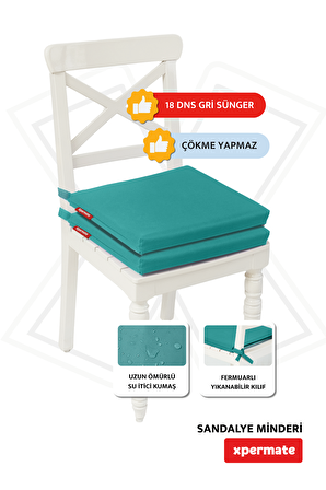 Xpermate Fermuarlı 2'li Sandalye Minderi Su İtici Kumaş 40x40Cm Sünger Sandalye Minderi Bağcıklı Turkuaz