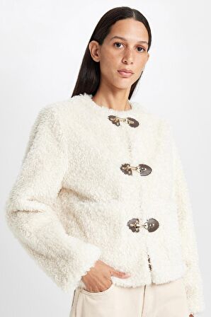 DeFacto Regular Kalıp Bisiklet Yaka Çoban Düğmeli Pelüş Ceket D4004AX24WNER238