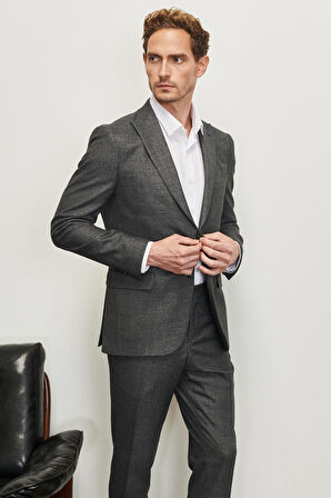 Erkek Antrasit Slim Fit Dar Kesim Kırlangıç Yaka Desenli Takım Elbise