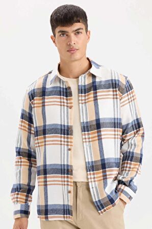 DeFacto Regular Fit Polo Yaka Kareli Flanel Uzun Kollu Gömlek D5835AX24AUER140