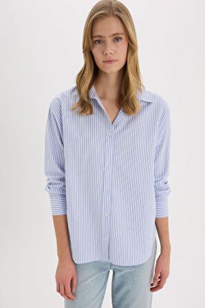 Oversize Geniş Kalıp Gömlek Yaka Çizgili Oxford Uzun Kollu Gömlek