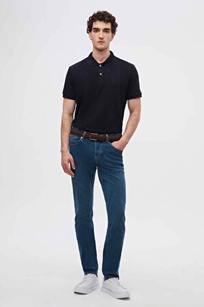 Regular Fit Lacivert Pike Dokulu %100 Pamuk Kıvrılmaz Polo Yaka Nakışlı T-shirt 4HC14ORT51000