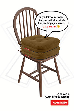 XPERMATE 2'li Çift Kat Sandalye Minderi Fermuarlı Yıkanabilir Kılıf Bağcıklı Su ve Yağ İtici 42x42x8 Kahverengi