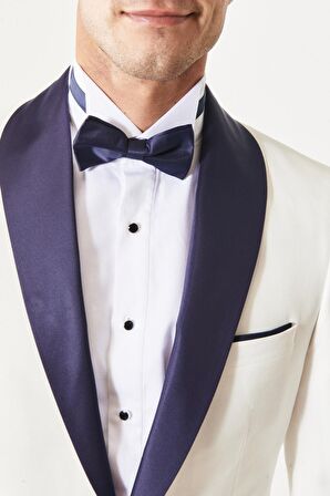 Erkek Beyaz-lacivert Slim Fit Dar Kesim Mono Yaka Desenli Klasik Smokin Takım