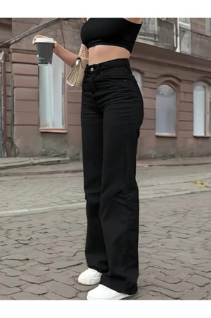 Alice Kadın Siyah Palazzo Power Likralı Süper Yüksek Bel Salaş Jeans Kot Pantolon