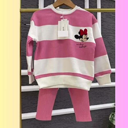 Cg Kids Pembe Beyaz Çizgili Minnie Mouse Karakter Baskılı Kız Çocuk Eşofman Takım