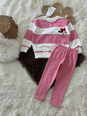 Cg Kids Pembe Beyaz Çizgili Minnie Mouse Karakter Baskılı Kız Çocuk Eşofman Takım