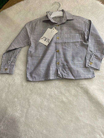 Keten Gri Beyaz Çizgili Erkek Çocuk Gömlek
