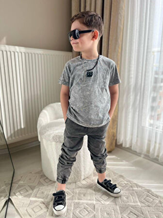 Cg Kids Yıkamalı Kabartma Baskı Bb Lastikli Paça Eskitme Jean Erkek Çocuk Alt Üst Takım