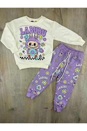 Cg Kids Labubu Donut Baskılı Lila Renk Eşofman Takımı 2 Iplik Kız Çocuk Alt Üst Takım