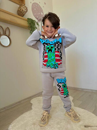 Cg Kids Minecraft Baskılı 3 Iplik Şardonlu Içi Pamuklu Erkek Çocuk Alt Üst Süper Tarz Takım