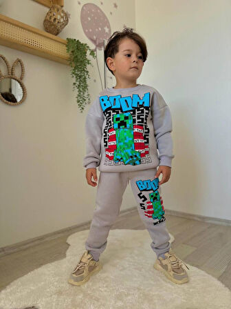 Cg Kids Minecraft Baskılı 3 Iplik Şardonlu Içi Pamuklu Erkek Çocuk Alt Üst Süper Tarz Takım