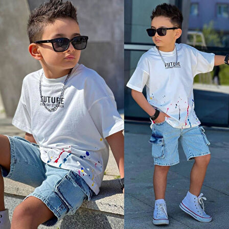 Cg Kids Future Baskı Basic Mavi Komando Cepli Şort Erkek Çocuk Alt Üst Takım