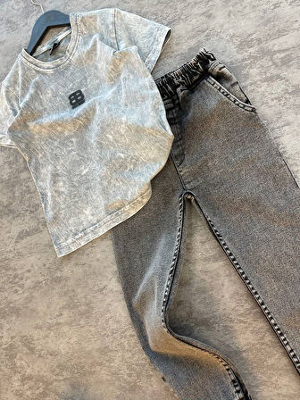 Cg Kids Yıkamalı Kabartma Baskı Bb Lastikli Paça Eskitme Jean Erkek Çocuk Alt Üst Takım