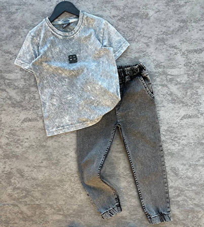 Cg Kids Yıkamalı Kabartma Baskı Bb Lastikli Paça Eskitme Jean Erkek Çocuk Alt Üst Takım