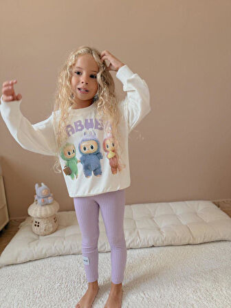Cg Kids Labubu Lila Baskılı 2 Iplik Kız Çocuk Taytlı Alt Üst Takım