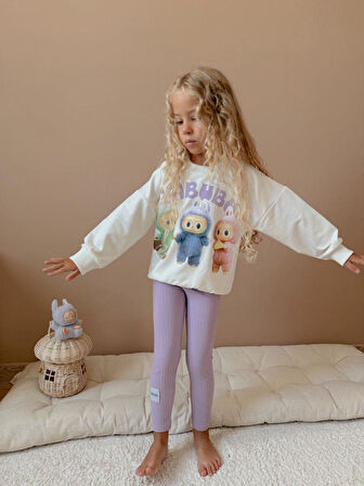 Cg Kids Labubu Lila Baskılı 2 Iplik Kız Çocuk Taytlı Alt Üst Takım
