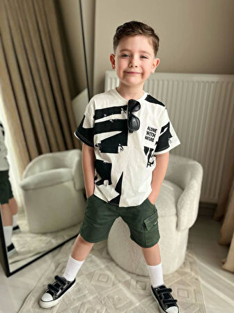 Cg Kids Siyah Desenli Basic Alt Yeşil Kargo Cepli Kot Şort Erkek Çocuk Alt Üst Takım