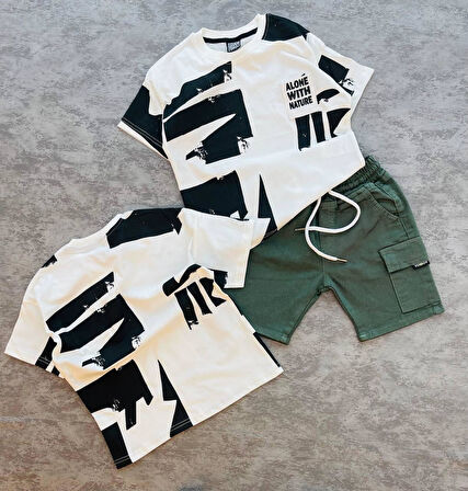 Cg Kids Siyah Desenli Basic Alt Yeşil Kargo Cepli Kot Şort Erkek Çocuk Alt Üst Takım