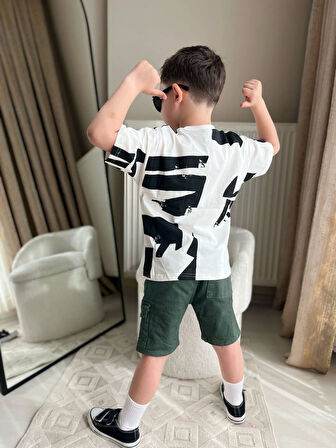 Cg Kids Siyah Desenli Basic Alt Yeşil Kargo Cepli Kot Şort Erkek Çocuk Alt Üst Takım