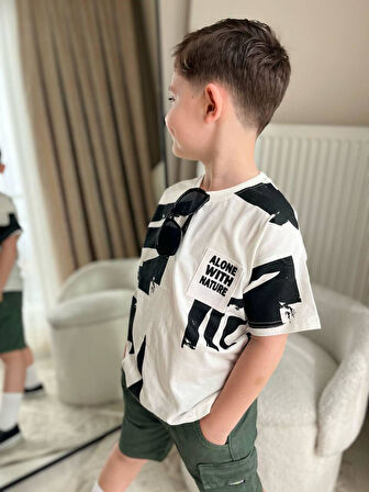 Cg Kids Siyah Desenli Basic Alt Yeşil Kargo Cepli Kot Şort Erkek Çocuk Alt Üst Takım