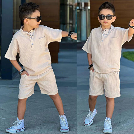 Cg Kids Krem Hakim Yaka Gömlek Cepli Alt Şort Müslin Kumsş Erkek Çocuk Alt Üst Takım