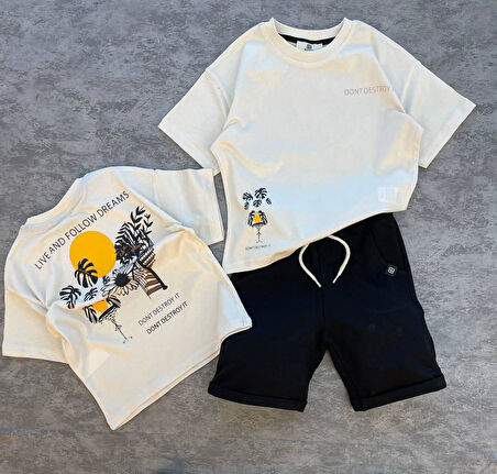 Cg Kids Tropical Palmiye Detaylı Yan Cepli Şort Erkek Çocuk Alt Üst Takım