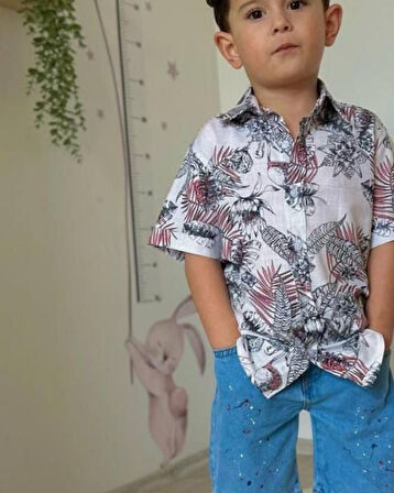 Cg Kids Yaprak Desenli Keten Gömlek Jean Kot Şort Erkek Çocuk Alt Üst Takım