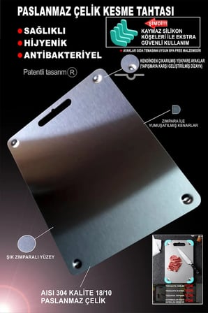 Home Paslanmaz Çelik Kesme Tahtası (GÖMME AYAKLI)(304 KALİTE)-(®PATENTLİ) Antibakteriyel